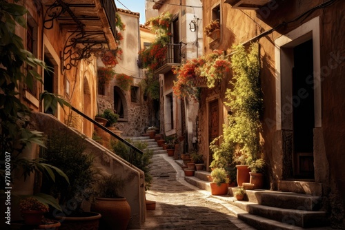 A maze of narrow streets in a Mediterranean town and historic buildings,  Ai generated photo