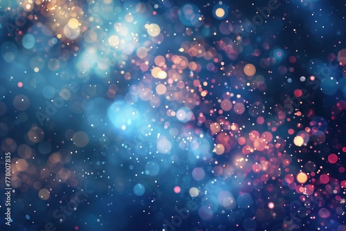 cloud of multicolored particles fly in air slowly or float in liquid like sparkles on dark blue background. Beautiful bokeh light effects with glowing particles for holiday presentations