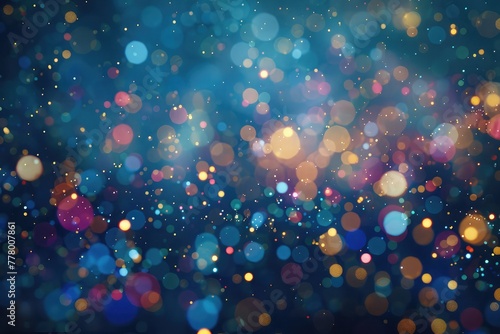 cloud of multicolored particles fly in air slowly or float in liquid like sparkles on dark blue background. Beautiful bokeh light effects with glowing particles.