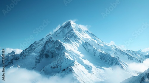 A mountain peak with snow-capped slopes and a clear blue sky, emphasizing the grandeur
