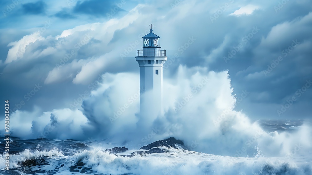 Waves crashing around lighthouse