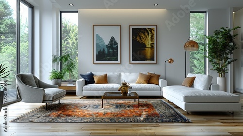 A minimalist living room with white walls and furniture, accented by a vibran...