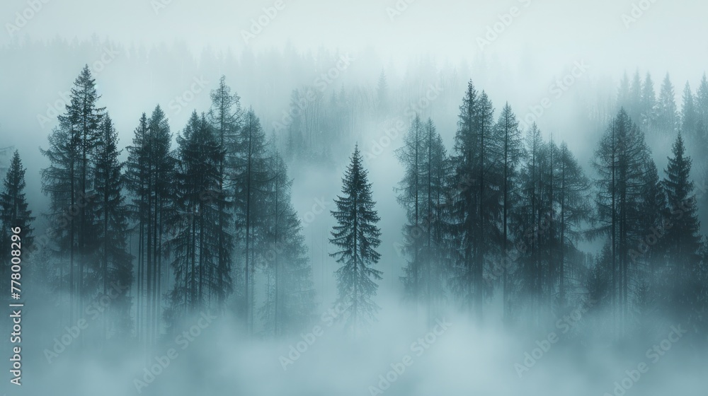 A minimalist photograph of a misty forest, with tall trees fading into the fog and soft