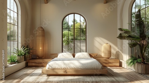 A minimalist bedroom with a platform bed, minimal decor, and a soothing color...