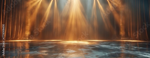 a golden stage light backdrop with spotlights and rays of light