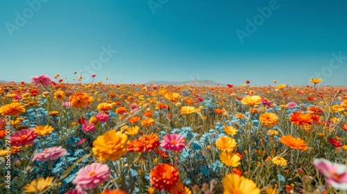 A minimalist view of a vibrant flower field, where colorful blooms stretch to...