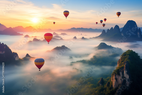 Aerial view of Hot Air Balloons Over Misty Mountains. Generative AI