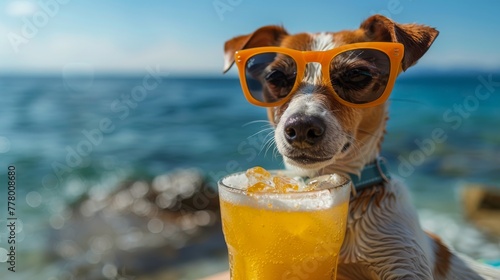 Dog Wearing Sunglasses Sitting on Beach With Drink