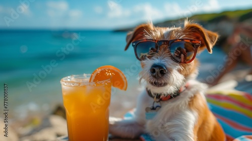 Dog Wearing Sunglasses Sitting on Beach With Drink