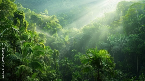 A tropical rainforest, characterized by towering trees and dense greenery