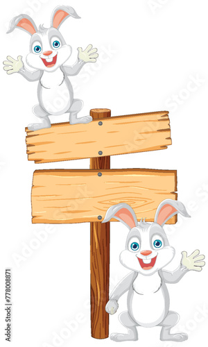 Two happy rabbits beside a blank signpost.