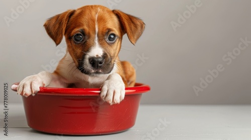 Brown and white puppy with expressive floppy ears and big eyes sitting inside a red basin, gazing curiously towards the camera with an adorable expression photo