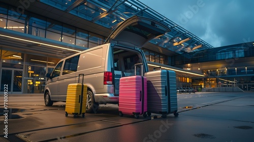 a minibus with the rear door open in front of an airport terminal. Pink, yellow and silver suitcases sit next to the vehicle as passengers prepare for the trip. photo