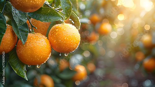 Vibrant oranges hanging from tree branches in an orange grove photo