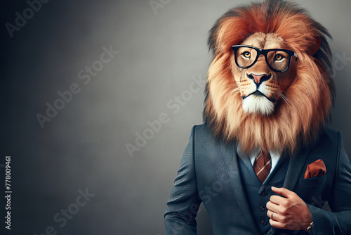 A lion anthropomorphic wearing glasses and a suit