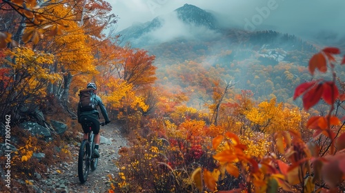 cyclist riding through a rugged mountain trail, with vibrant autumn foliage c...