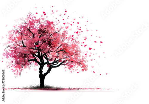 vector illustration of tree with heart shaped leaves on white background, flying red and pink hearts © Kien