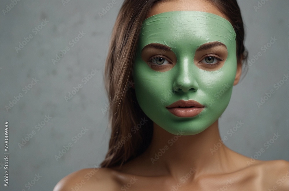Close-up of a beautiful woman wearing a skin care mask for skin lifting and anti-aging detoxifying effect, isolated background. Green mask