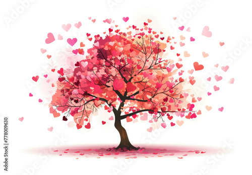vector illustration of tree with heart shaped leaves on white background, flying red and pink hearts