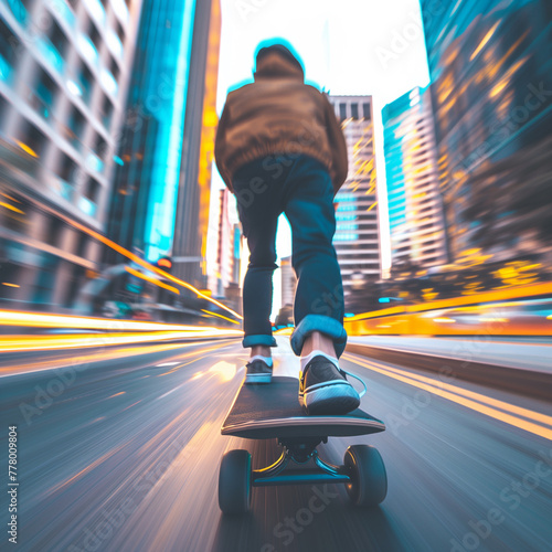 a young man riding his skateboard on the street of the center city 
