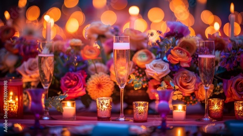 Table Setting With Champagne Glasses and Candles