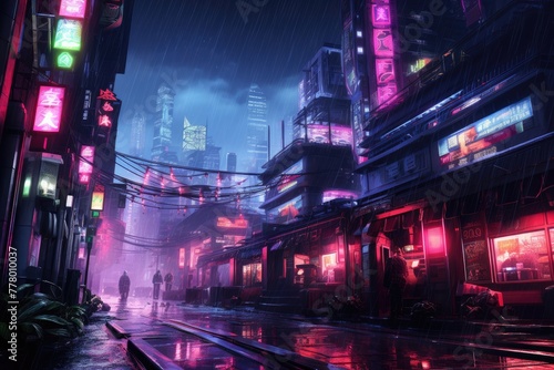 A neon cyberpunk cityscape in the rain  Foggy street photorealistic neon lights rain meter skins  Ai generated