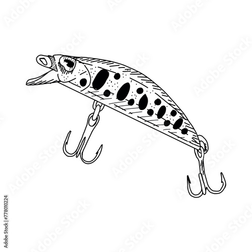 Fish hook minnow vector illustration tackle. Fly gudgeon spinner lure feeding. Bait line drawing. Ink silhouette Black outline graphic. Fishing spoon angler tool black outline 