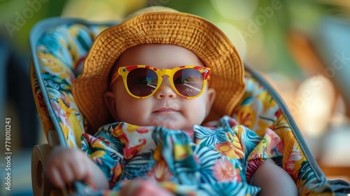 Baby Wearing Sunglasses and Hat Sitting in Chair