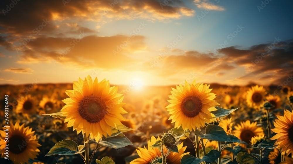 Fototapeta premium Field of sunflowers with the sun setting in the background