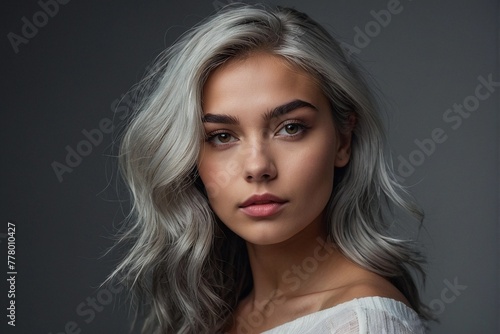 Close up portrait of a beautiful woman with long blond hair on a black background