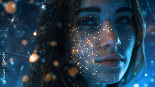 A closeup of the face of an attractive woman with glowing lines and digital patterns on her skin