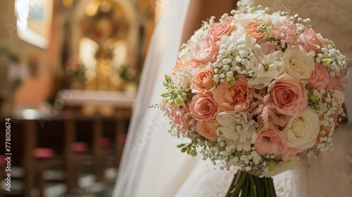 Bride Holding Pink and White Flower Bouquet