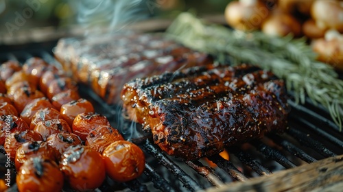 Close-Up of Meat and Vegetables Grilling