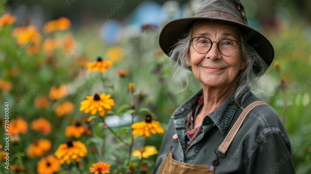 Elderly Woman Standing by Flowers