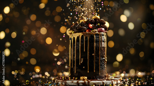 A decadent dessert masterpiece - a towering dark chocolate cake dripping with lush ganache and adorned with edible gold glitters