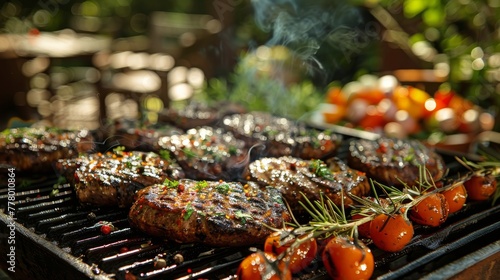 Steaks and Tomatoes Grilling on a Grill