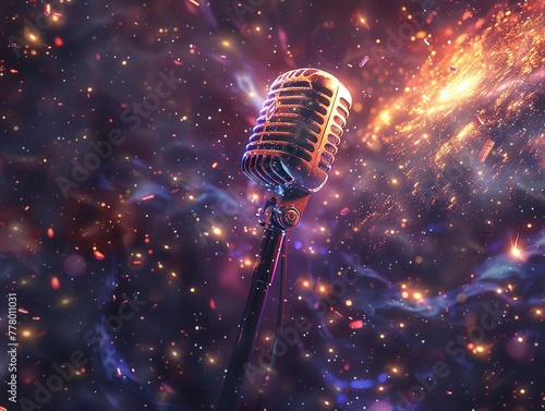 A retro microphone stands against a backdrop of stars, symbolizing the eternal nature of music in the cosmic expanse.