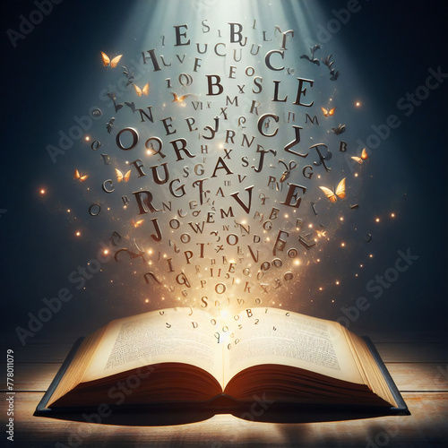 Open book with many letters flying in the light