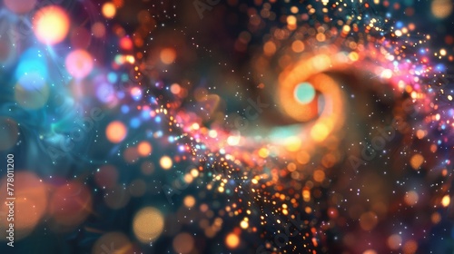 Magical multicolored sparkles of light form abstract simple spiral structure. Multi-colored glow particles float in viscous liquid as fantastic 3d background. 3d render photo