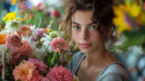Young Woman Holding Bunch of Flowers
