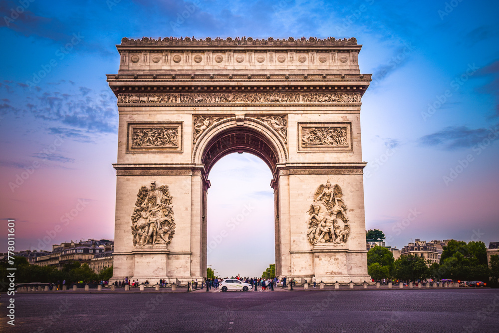 Triumphal arch called Arc de Triomphe, historical landmark in Paris, France