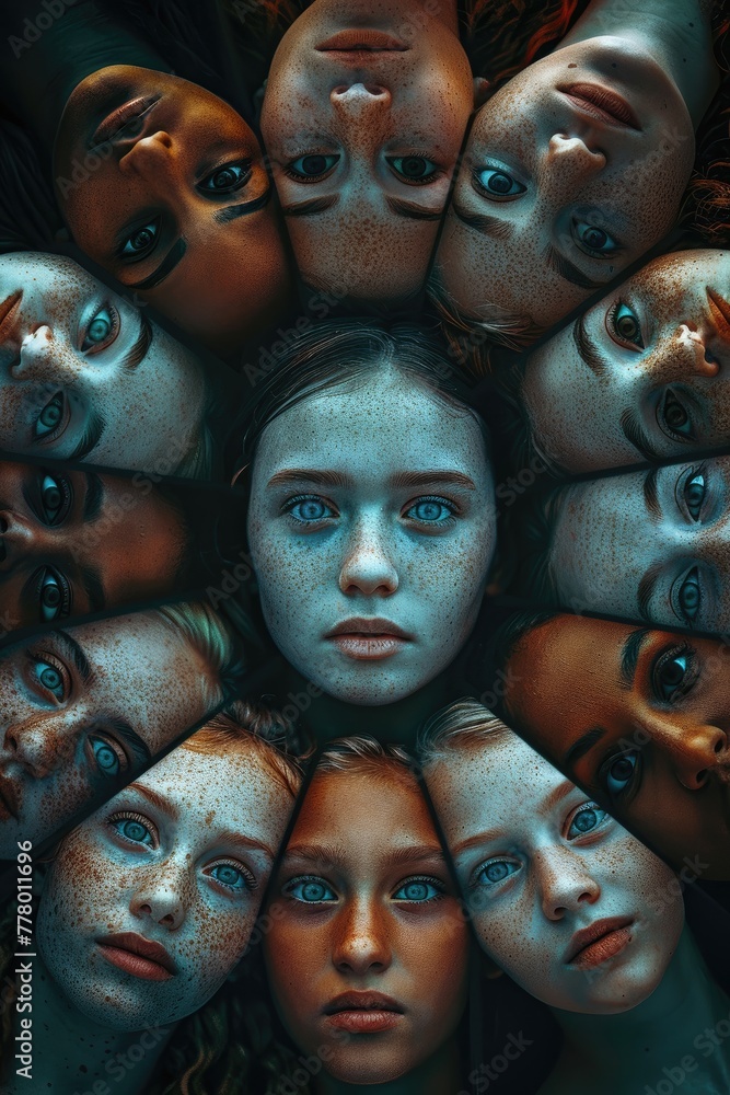 A group of women's faces are shown in a circle