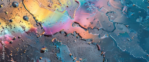 Oil stains from leaks in the car engine. Oil after rain makes spots with rainbow reflections refractive sun spectrum. Beautiful color mosaic, abstraction, ecology photo