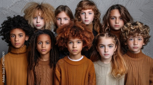 A group of children with different hair colors and styles are posing for a photo