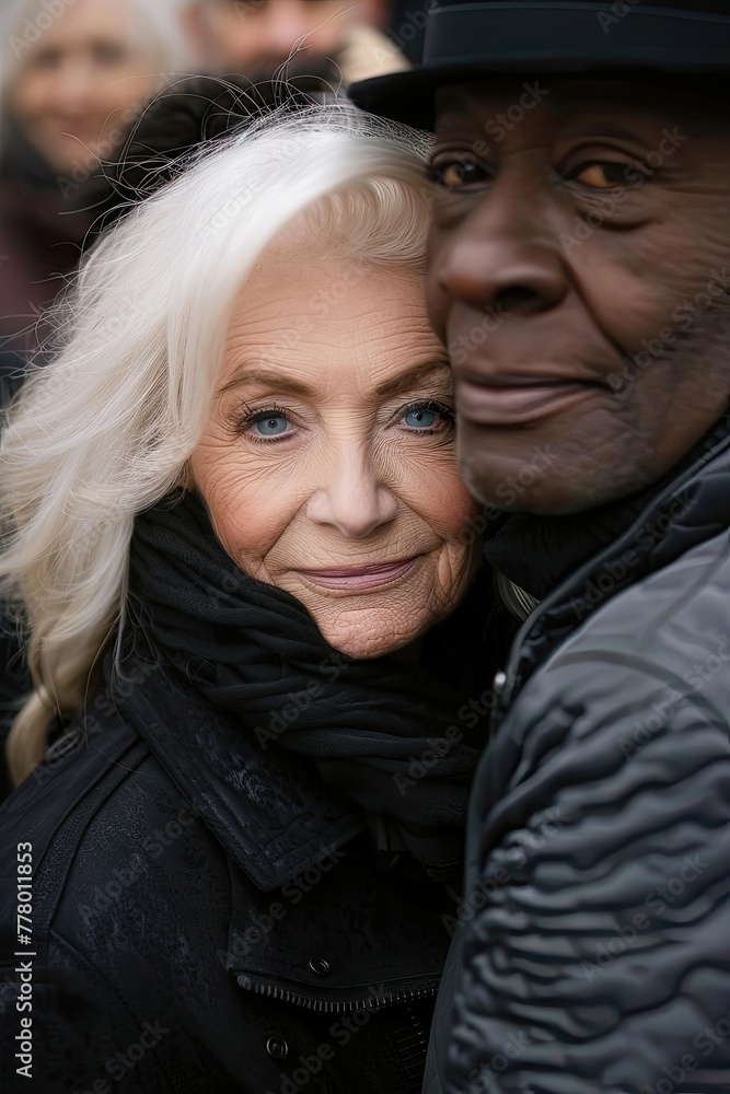 A woman and a man are standing next to each other, both wearing black coats A woman and a man are standing next to each other, both wearing black coats