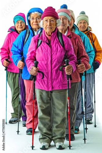 A group of older women are standing in a line, all wearing pink jackets and hats