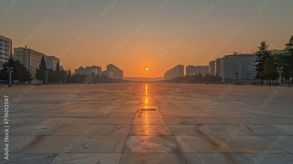Obraz premium Sunrise on Empty City Square with Shadows