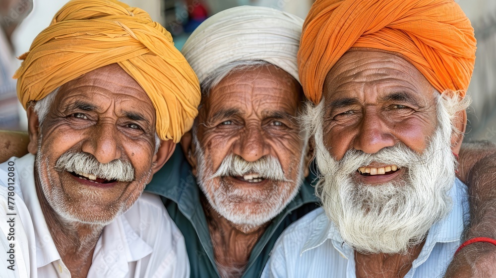Three men with beards and turbans are smiling at the camera Three men with beards and turbans are smiling at the camera