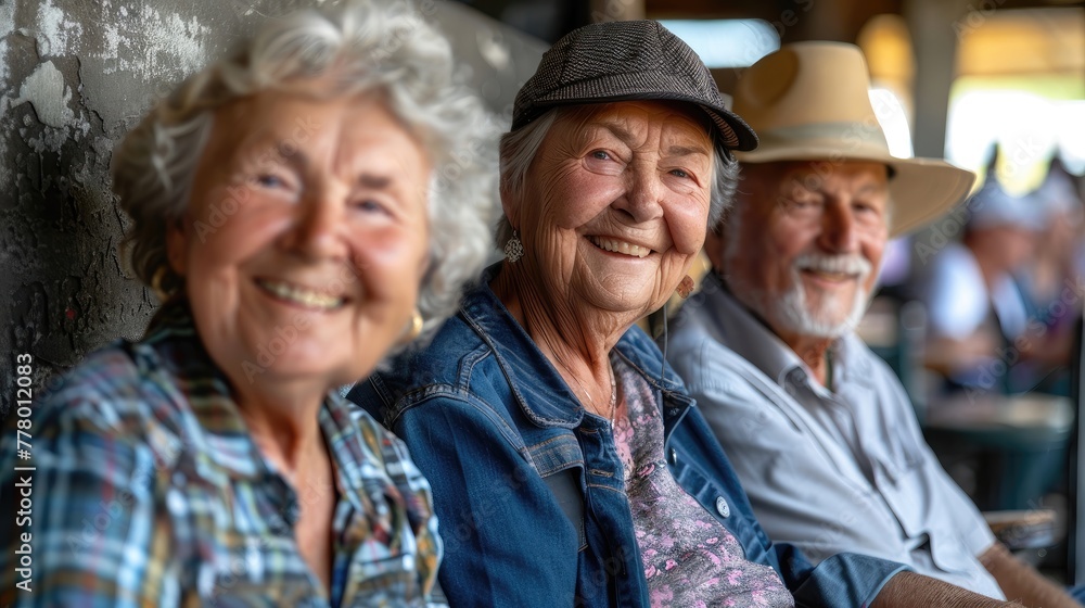 Three elderly people are smiling and sitting together Three elderly people are smiling and sitting together