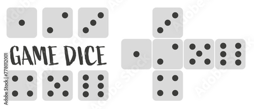 Dice game. A set of game dice. Cubes in flat and linear designs from one to six.